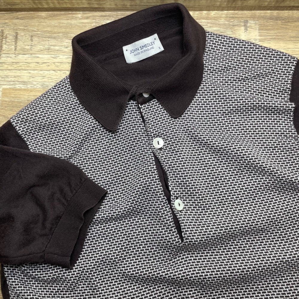 John Smedley Mens Brown Sea Island Cotton Knit Polo Shirt Made in England Small